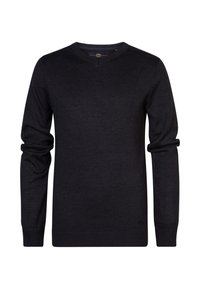 Dunkelblauer V-Ausschnitt-Pullover mit langen Ärmeln, gerippten Bündchen und Saum, hergestellt aus einem weichen Strickstoff. Mit einem kleinen Logo am unteren Saum.