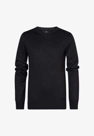 Maglione blu scuro a collo a V con maniche lunghe, polsini e orlo a costine, realizzato in un morbido tessuto a maglia. Presenta un piccolo logo sull'orlo inferiore.