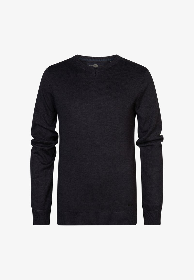 Maglione blu scuro a collo a V con maniche lunghe, polsini e orlo a costine, realizzato in un morbido tessuto a maglia. Presenta un piccolo logo sull'orlo inferiore.
