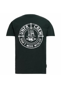 Black T-shirt with a white circular logo on the back reading "UNFR CREW" and "DON'T MESS WITH US" around a stylized eye design.
