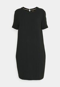Black short-sleeve dress with a round neckline, straight cut, and visible back zipper. Smooth fabric with a minimalist design.