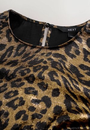 Leopard print top in metallic gold and black, featuring a round neckline, back keyhole, and soft, textured fabric. Label visible: NEXT.