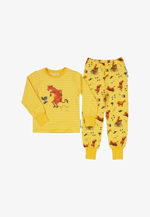 Keltainen raidallinen pitkähihainen paita, jossa on punainen hevosen grafiikka; yhteensopivissa housuissa on keltainen tausta, jossa on hevosen ja pyörän kuvioita.