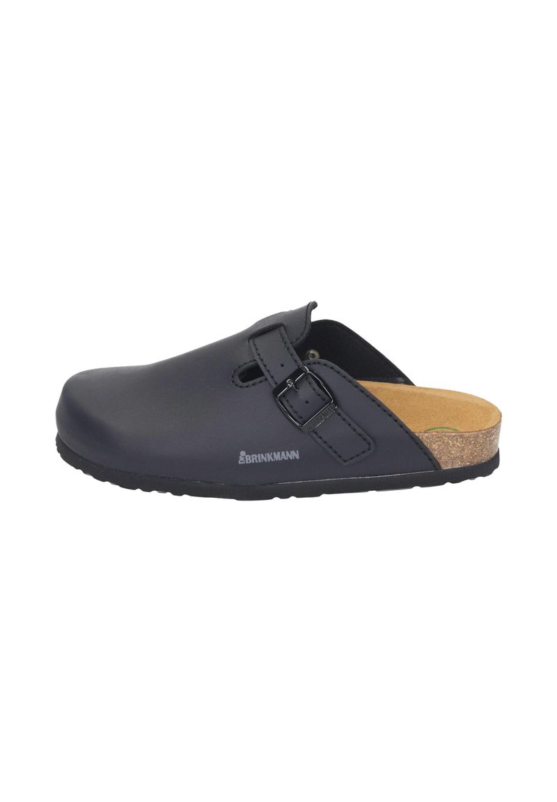 Black clogs with a smooth leather upper, buckle strap detail, cork footbed, and rubber sole, designed for comfort and ease of wear.