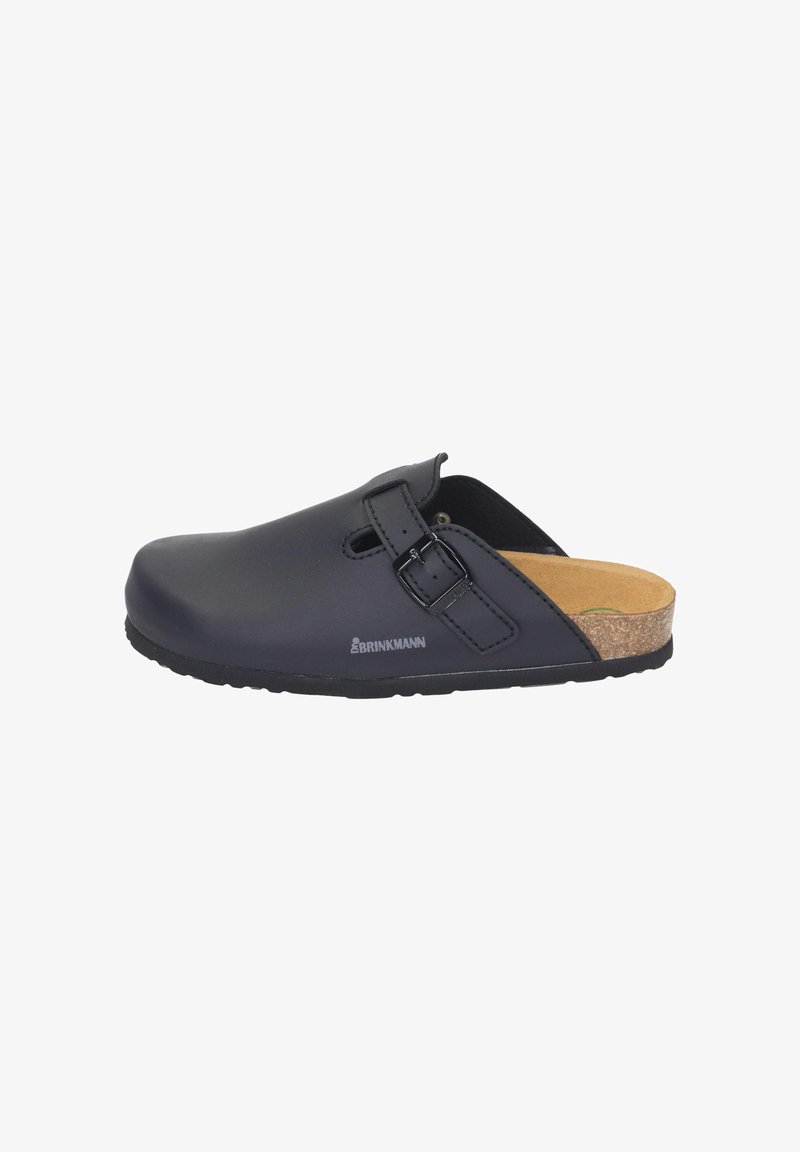 Black clogs with a smooth leather upper, buckle strap detail, cork footbed, and rubber sole, designed for comfort and ease of wear.