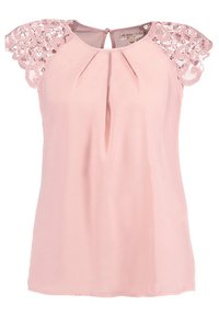 Top rosa senza maniche con maniche in pizzo, frontale plissettato e dettaglio a oblò sul retro. Tessuto liscio con una texture leggera.