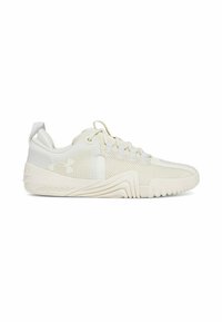 Sneaker bianco da corsa con tomaia in rete testurizzata, chiusura con lacci, suola in gomma e un distintivo design a zigzag sul lato laterale.