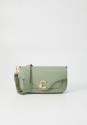 Green leather crossbody bag with a gold C-shaped clasp, flat design, and adjustable strap featuring metal hardware and top stitching accents.