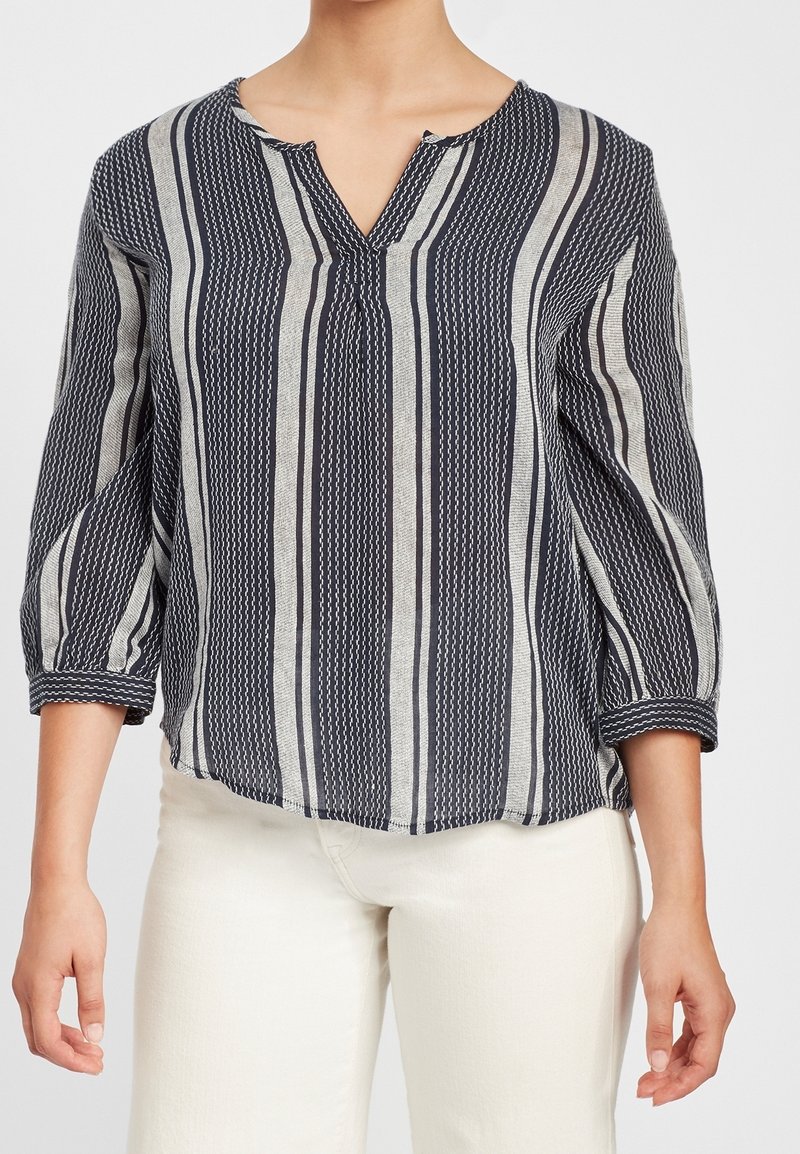 Bluzka w paski w kolorze granatowym i białym, wykonana z lekkiego materiału, z dekoltem w serek, rękawami o długości trzech ćwiartek i lekko zaokrąglonym dołem.