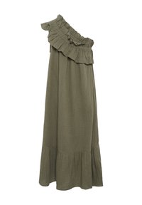 Ühe õlaga oliivroheline maksikleit, millel on volangiga kaelus, tekstureeritud kangas ja kihiline alus. Kerge ja voogav disain.