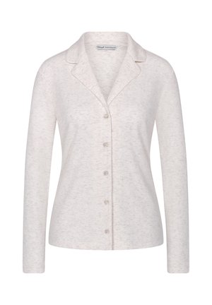 Chandail beige clair à manches longues en tissu doux et texturé, avec un col à revers et une fermeture à six boutons à l'avant. Design simple, style décontracté.