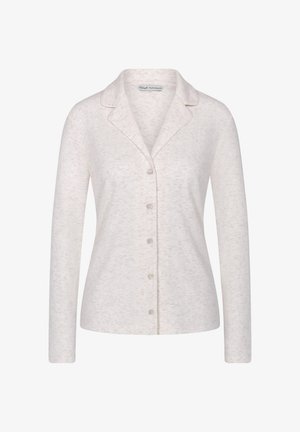 Camisa de manga larga beige claro con una tela suave y texturizada, cuello con muesca y cierre frontal de seis botones. Diseño simple, estilo casual.