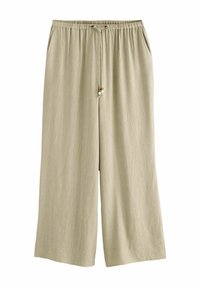 Pantalones de pierna ancha en un tono beige claro con una tela texturizada, cinturilla elástica, dos bolsillos laterales y lazos decorativos con cuentas en la parte frontal.