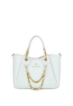 Borsa a mano in pelle bianca con decorazione in catena dorata, doppi manici e logo "braccialini" impresso in oro sul davanti.