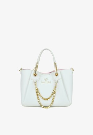 Borsa a mano in pelle bianca con decorazione in catena dorata, doppi manici e logo "braccialini" impresso in oro sul davanti.