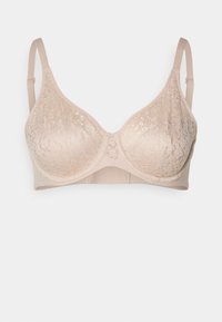 Lace-trimmed bra in light beige, featuring a smooth fabric, molded cups, adjustable straps, and a hook-and-eye back closure.