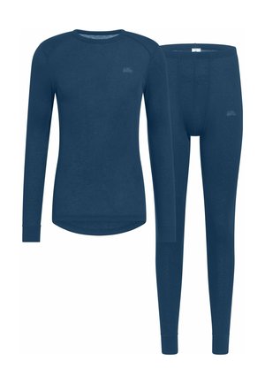 Long-sleeve navy blue thermal top and matching thermal leggings with a small logo on the chest and thigh areas.