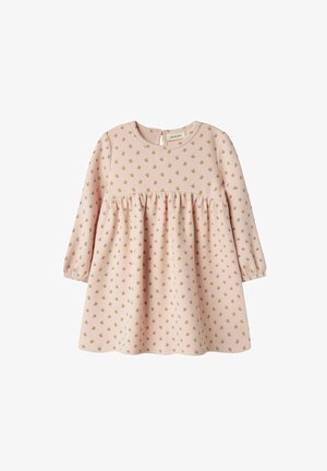 Roosa vattkangast kleit pikkade varrukatega, kogutud vöökoht, kuldne lillemuster ja võtmeaugu tagaosa sulgemine.