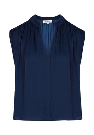 Blouse bleu marine sans manches avec des plis froncés au niveau de l'encolure et des épaules, avec un petit col montant et une ouverture en V.