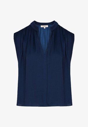 Blouse bleu marine sans manches avec des plis froncés au niveau de l'encolure et des épaules, avec un petit col montant et une ouverture en V.