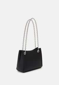 Black leather handbag with structured design, silver chain straps, and metal hardware. Smooth texture with a minimalist aesthetic.