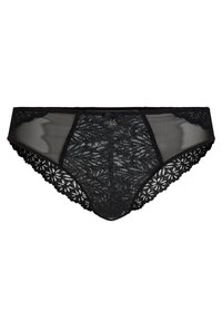 Bikini en dentelle noire avec des panneaux en maille transparente, motifs floraux le long des bords, un petit nœud central et une taille souple et flexible.