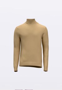Pull à col roulé beige en tissu tricoté texturé. Présente une silhouette ajustée, des manches longues et un ourlet et un col côtelés.