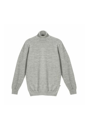 Pull à col roulé gris clair à manches longues avec poignets et ourlet côtelés, présenté à plat sur un fond blanc.