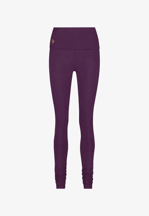 Purple high-waisted leggings with a smooth texture and gathered cuffs. Features a logo on the waistband, designed for active wear.