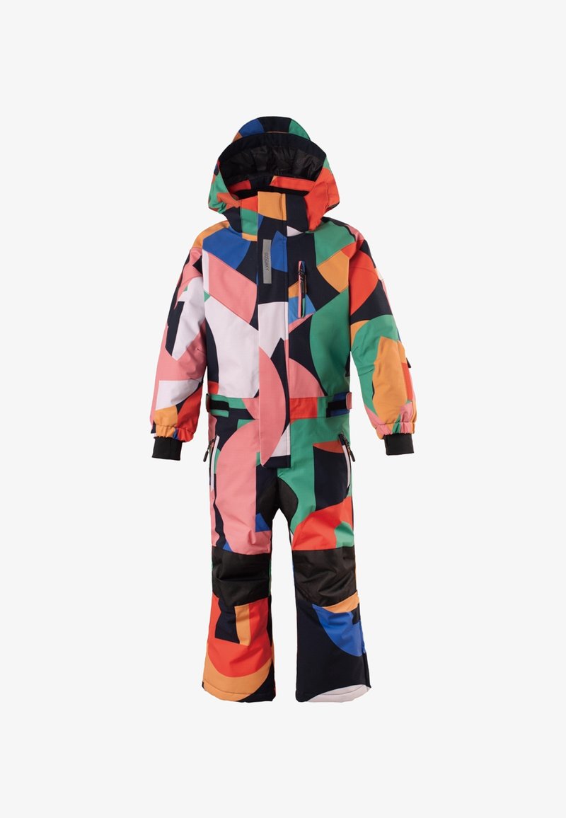 Bunter Schneeanzug mit abstrakten geometrischen Mustern in Pink, Grün, Orange, Schwarz und Blau. Verfügt über eine Reißverschlusstasche und eine Kapuze.