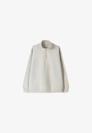 Lichtgrijze pullover sweatshirt met een hoge kraag, een halve rits aan de voorkant en elastische manchetten. Zacht materiaal en een ontspannen pasvorm.