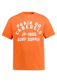 Bright orange short-sleeve T-shirt with white text "PRAIA DO CABEDELO JP-1880 SURF SUPPLY" on the front.