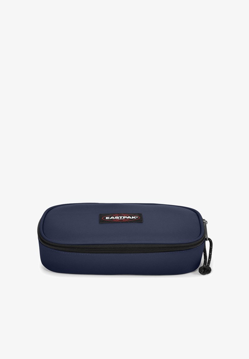 Mørkeblå penalhus med rektangulær form, lynlåslukning, stoftekstur og et sort Eastpak-logo på forsiden.