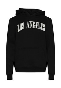 Čierna mikina s kapucňou s prednou vreckom, nastaviteľnou kapucňou na šnúrku a bielym textom "LOS ANGELES" na hrudi. Zmes bavlny.