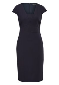 Robe ajustée bleu marine avec un décolleté en V, des manches courtes et des détails de coutures ; confectionnée dans un tissu lisse, longueur genoux avec une fermeture éclair au dos.