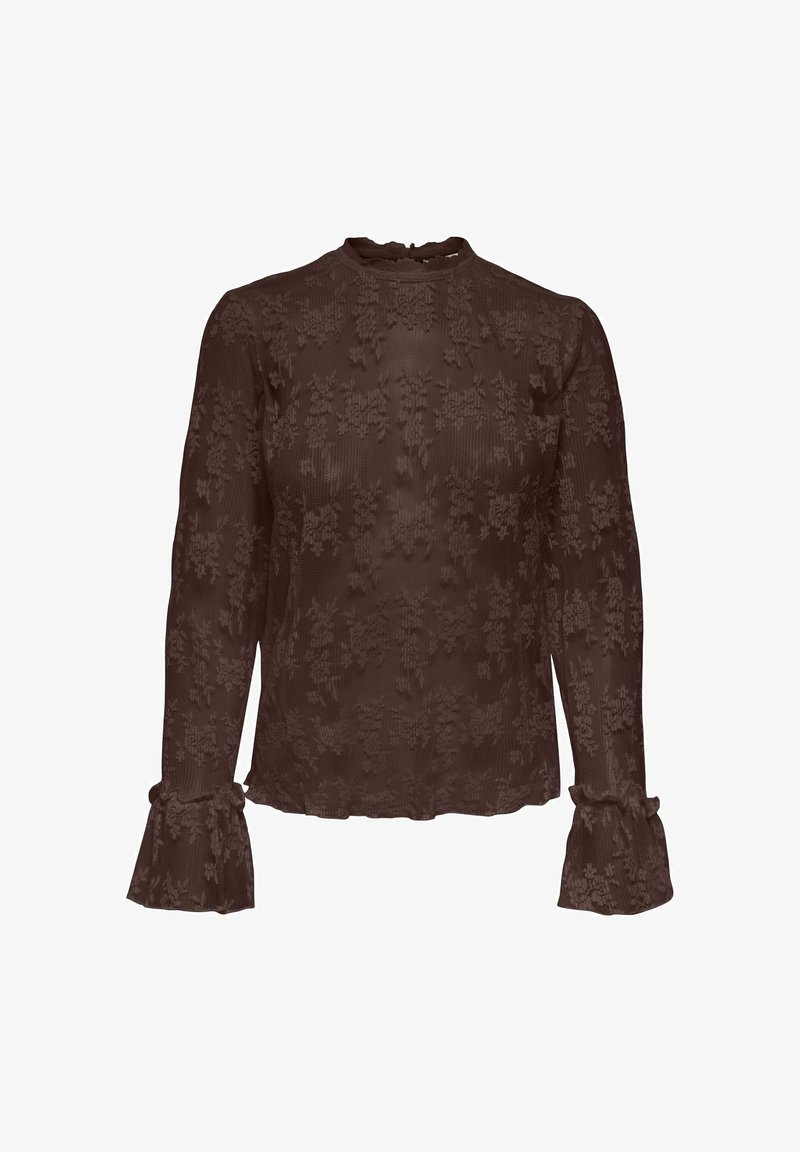 Blouse en dentelle marron à manches longues avec col montant et poignets volantés, présentant des motifs floraux et un tissu légèrement transparent.
