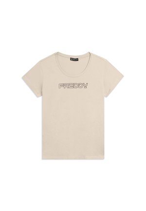 T-shirt beige à manches courtes avec un col rond et "FREDDY" imprimé en lettres contour sur la poitrine.