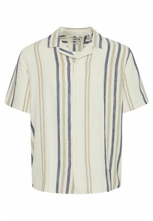 Korte mouwen overhemd met knopen in crème met verticale strepen in beige en marineblauw. Gemaakt van een lichte stof met een relaxte pasvorm.
