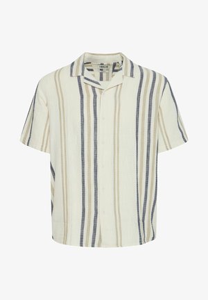 Cămașă cu mâneca scurtă, în nuanță crem, cu dungi verticale bej și bleumarin. Realizată dintr-un material ușor, cu un croi lejer.