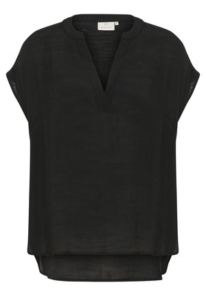 Zwarte blouse met korte mouwen en V-hals, gemaakt van lichtgewicht stof. Relaxte pasvorm met een hogere voorkant en een langere achterkant, en zijsplitten voor extra comfort.