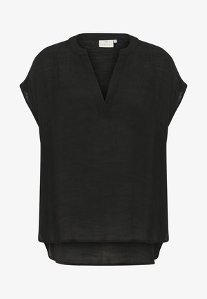 Fekete rövidujjú blúz V-kivágással, könnyű anyagból készült. Lazább fazon, magasabb hátrésszel és oldalsó hasítékokkal a kényelem érdekében.