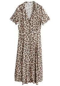 Robe à imprimé léopard dans des tons beige et marron, avec des manches courtes, un décolleté en V, une taille élastique et une jupe évasée.