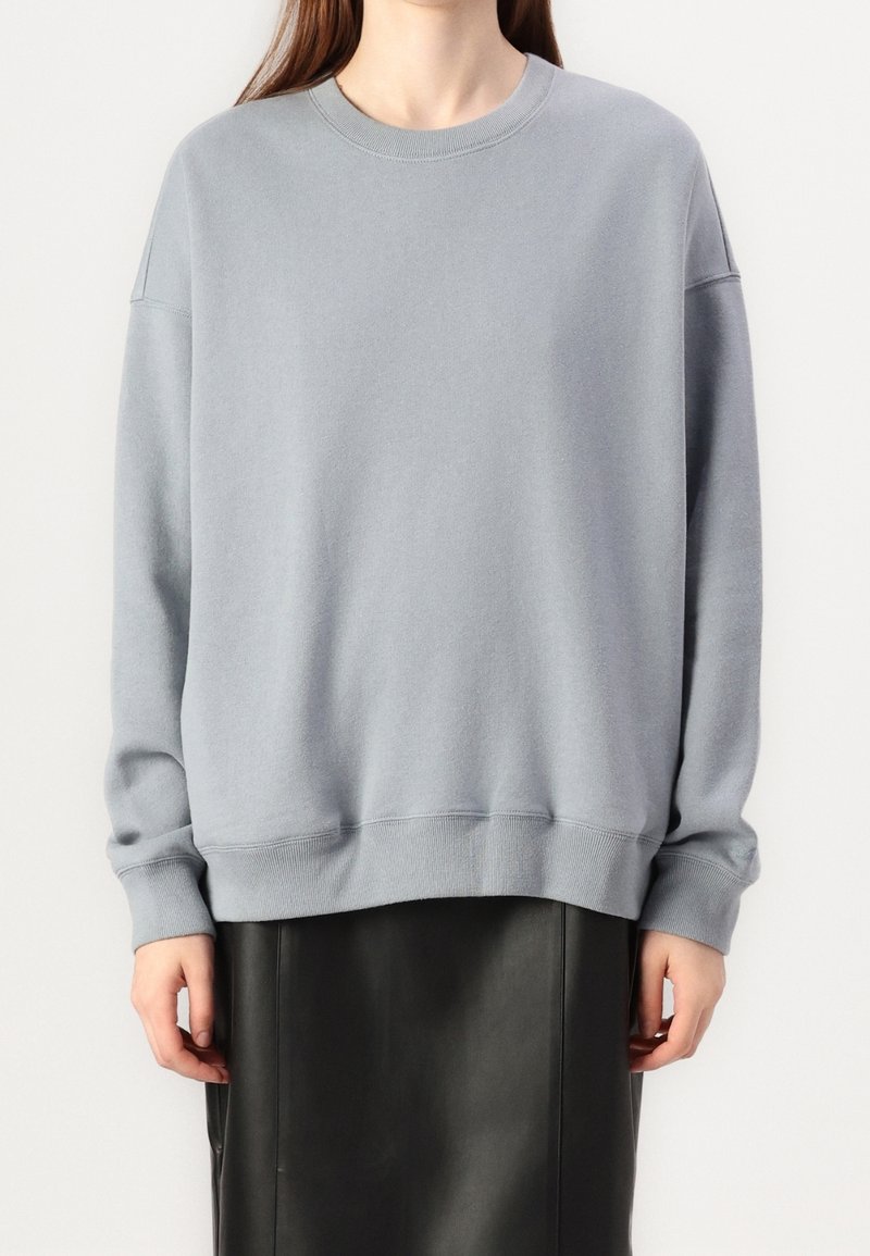 Ljusgrå oversized sweatshirt i mjuk bomull, med rundad halsringning, sänkta axlar och långa ärmar. Ribbad nederkant och muddar.