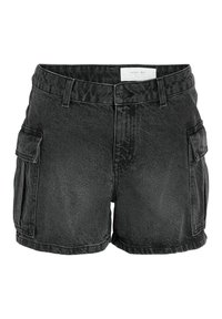 Schwarze Denim-Shorts mit verblasster Textur, ausgestattet mit zwei seitlichen Cargo-Taschen und einem Knopfverschluss. Standardbund mit Gürtelschlaufen.