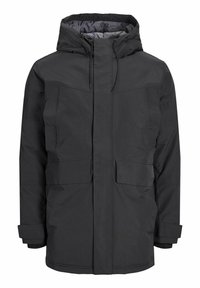 Veste d'hiver noire isolante à capuche avec fermeture éclair avant, deux poches à rabat et poignets ajustables.