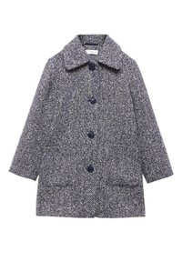 Gray and white wool blend coat with large collar, four front buttons, and two front pockets, displayed on a white background.