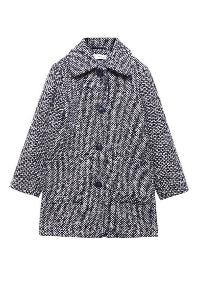 Gray and white wool blend coat with large collar, four front buttons, and two front pockets, displayed on a white background.