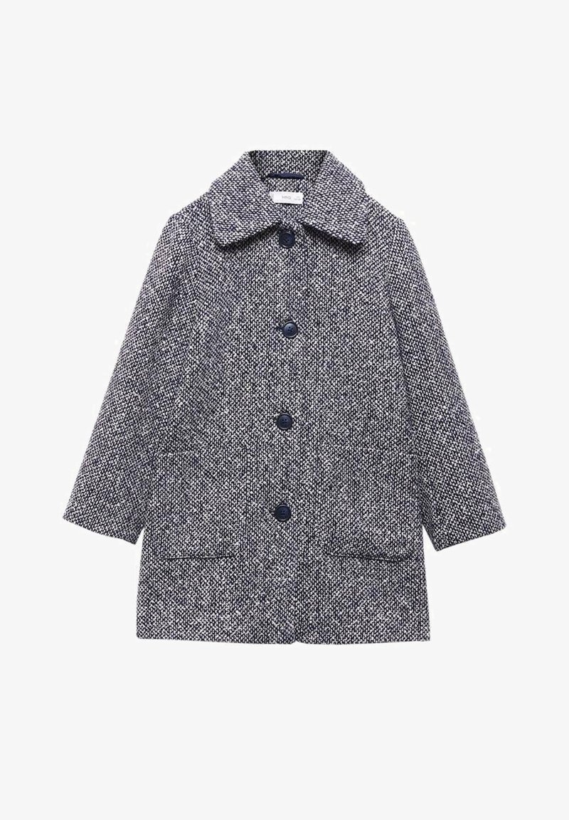 Gray and white wool blend coat with large collar, four front buttons, and two front pockets, displayed on a white background.