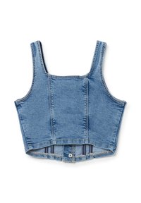 Blue denim crop top with wide straps, structured seams, and a raw hem. Features a front closure with metal snaps and a fitted design.