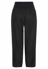 Black, lightweight pants with a smocked waistband, featuring a loose fit and cropped length for comfort. Smooth texture, no visible patterns.